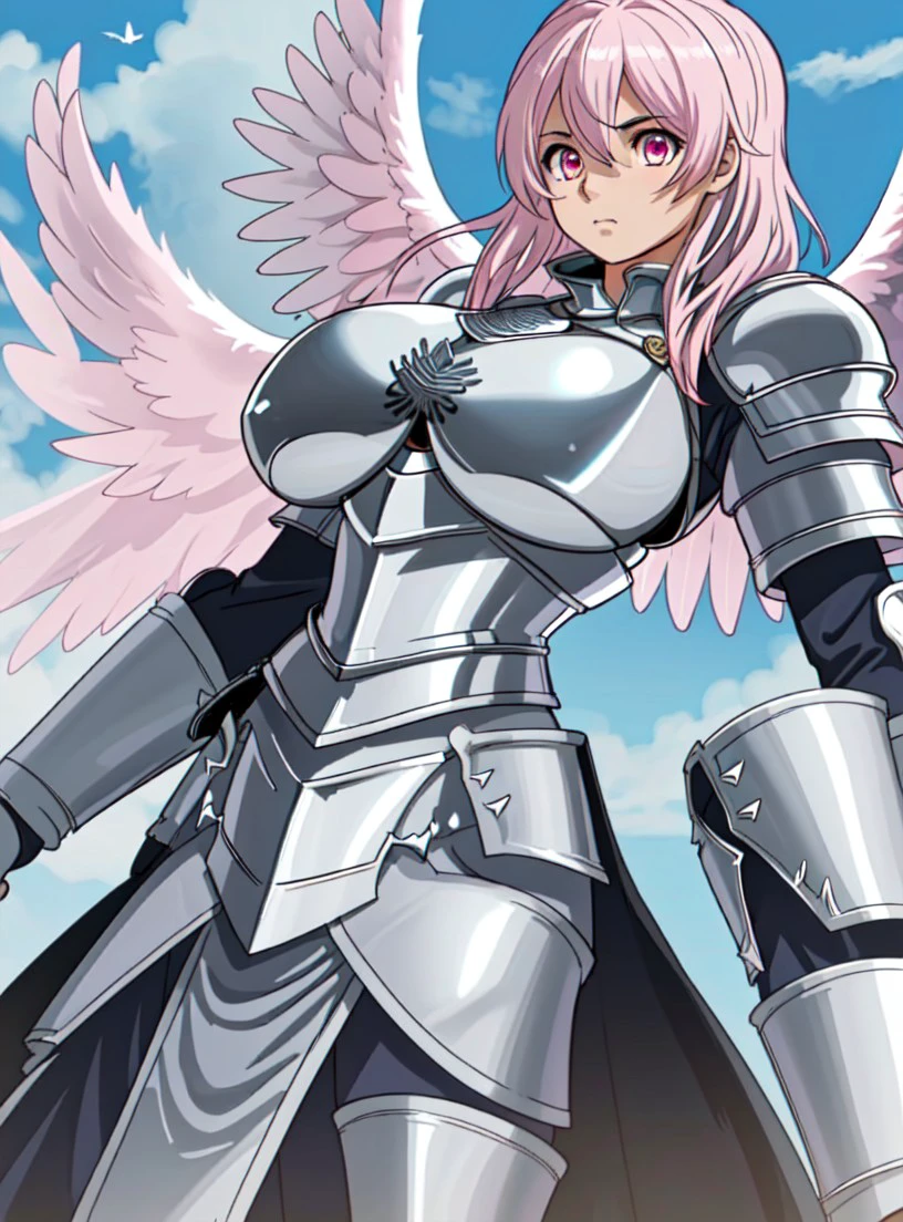 sexy, girl, (angel), (armor), (wings:1.1), pink eyes, huge boobs, (breast plate:1.5), breast armour, clouds, white hair