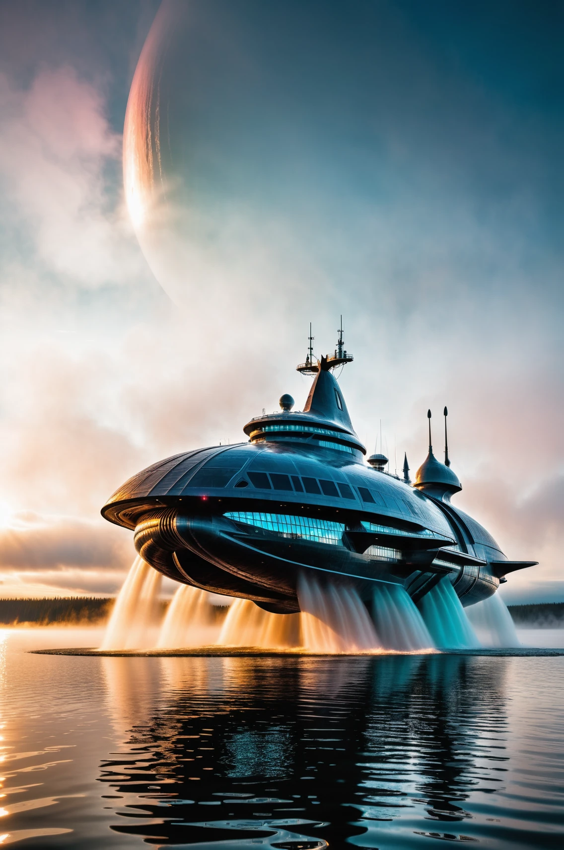 Alien starship coming out of the waters of a Lake in Canada , the ship it's emerging out letting the viewer see the shape of the ship, heavy fog, full sunset,