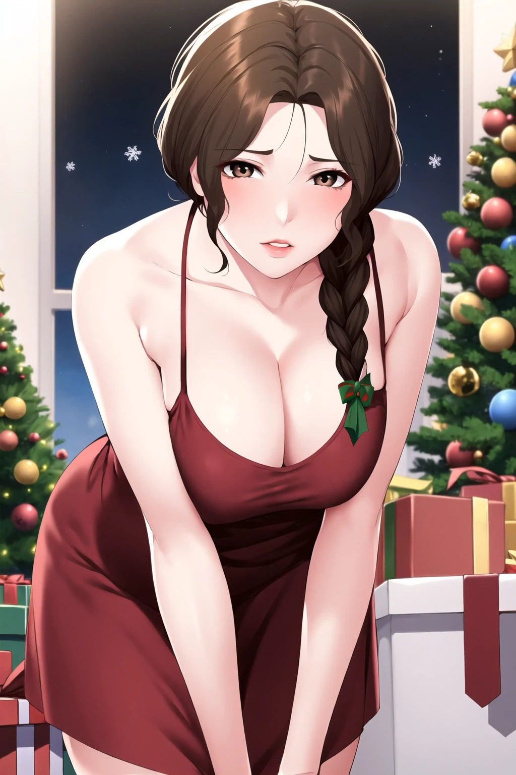 (8k, RAW photo, best quality, masterpiece:1.2),
1girl,solo,mature female,brown hair,single braid,large breasts, cleavage,Santa dress,leaning forward, 
christmas, christmas tree, gift,
looking at viewer,
 <lora:meijing:0.6>