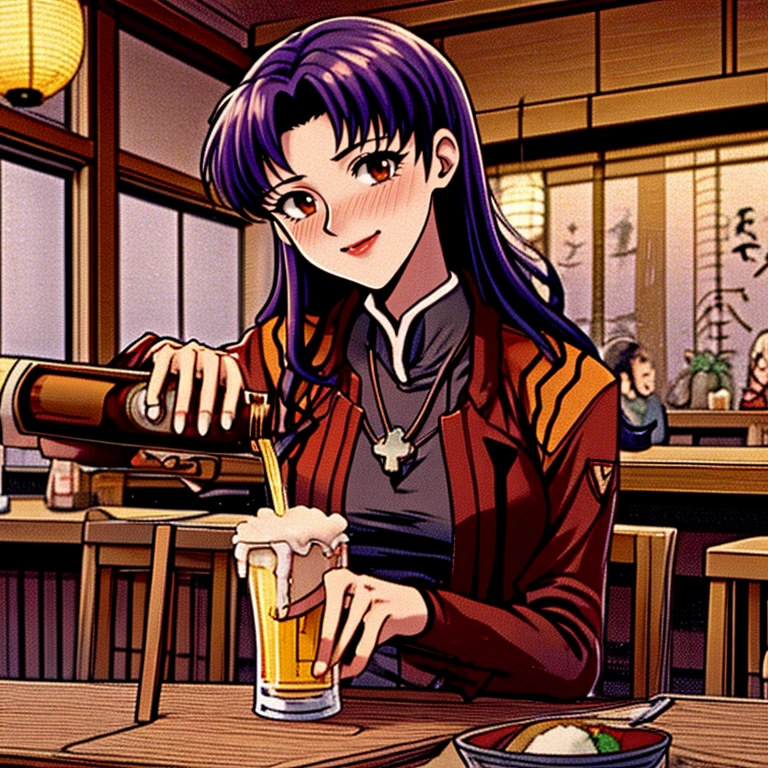 katsuragi misato, brown eyes, purple hair, cross necklace, red jacket, black dress, looking at viewer, smiling, happy, teeth, upper body shot, sitting, behind a table, inside italian restaurant, table full of food, spaghetti, red wine, warm ambiance, high quality, masterpiece <lora:eva_katsuragi_misato_v1_2:.6>