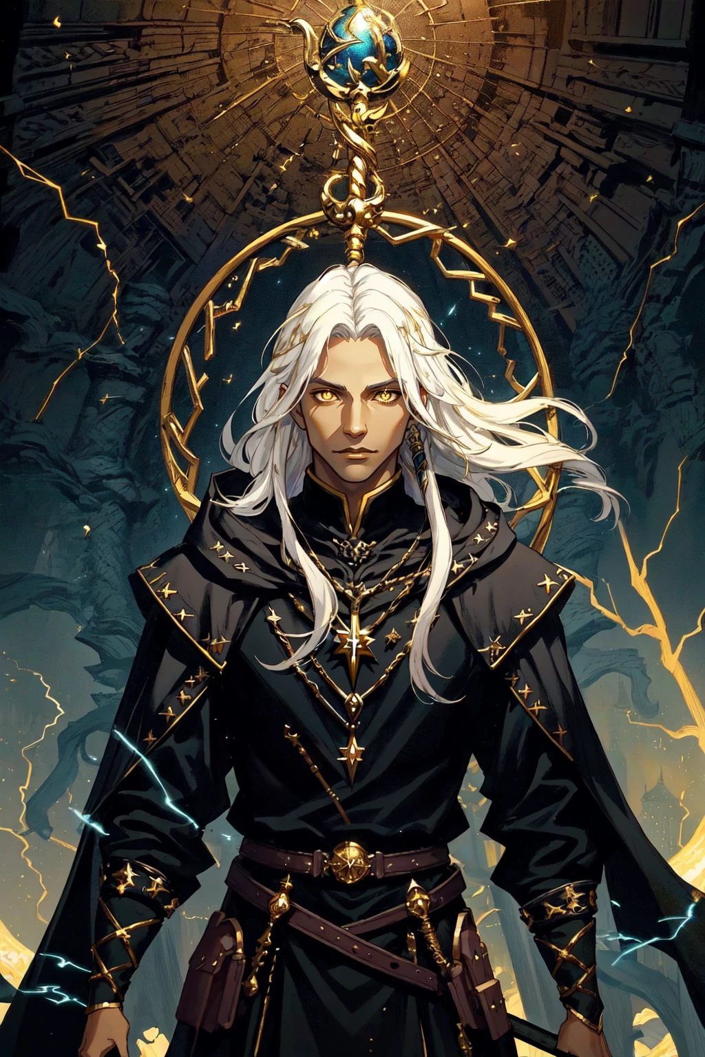 Raistlin Majere, 1boy, male focus, solo, colored skin, gold accent, yellow skin, sunken eyes, wizard, white hair, long hair, long sleeves, holding, staff, black cloak, magic, underworld scene, outdoors, dungeon theme, lightning, LUT like a movie, vantage point, 4 point perspective, portrait, <lora:RaistlinMajere:0.8>