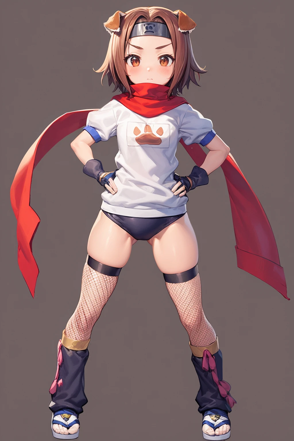 masterpiece, best quality, 1girl, konoha, brown hair, short hair, brown eyes, headband, dog ears, red scarf, buruma, fishnet thighhighs, gloves, gym uniform, hands on hips, full body, standing, contrapposto, looking at viewer, solo, simple background <lora:Konoha:1>