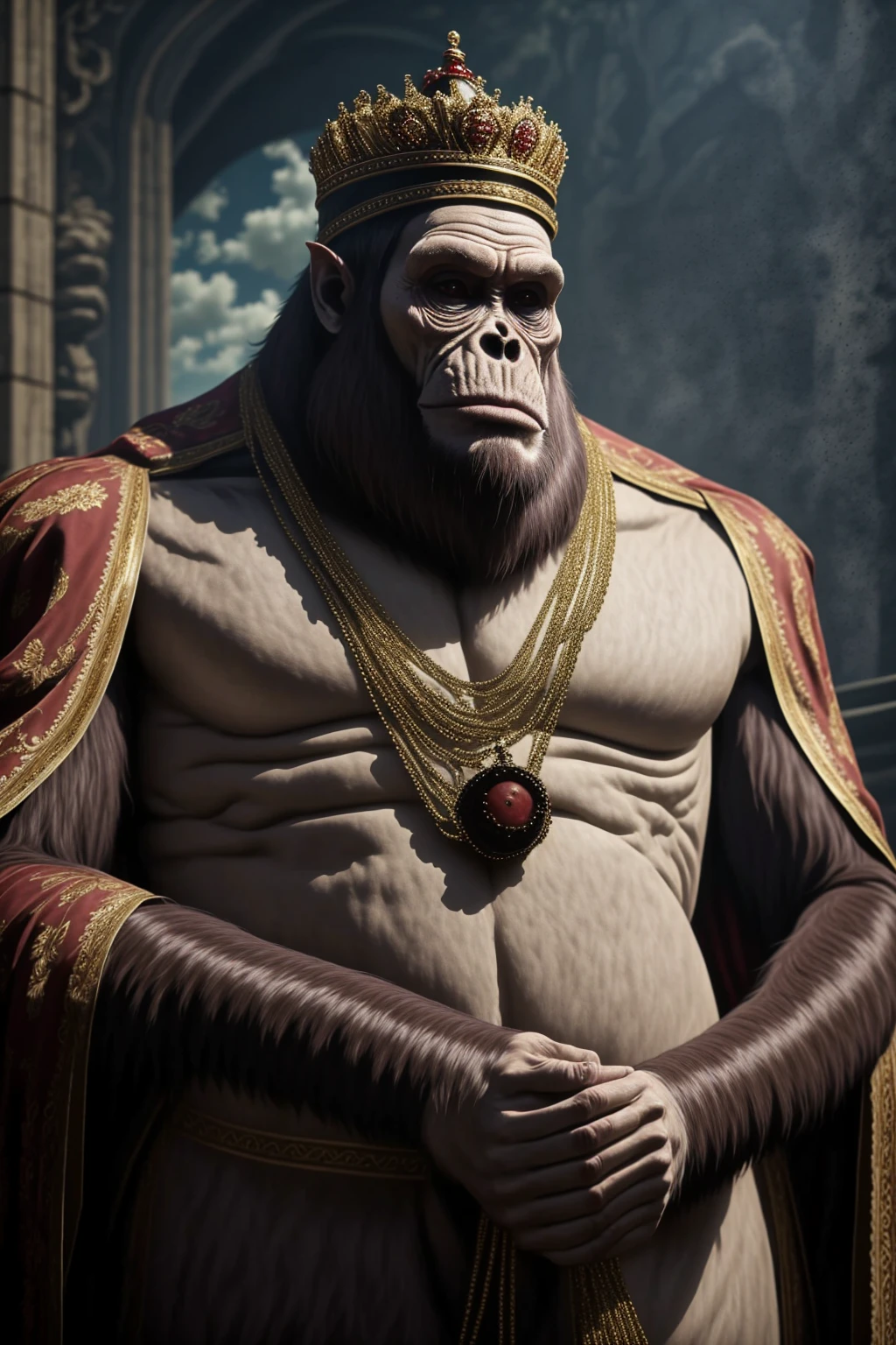 <lora:LCM_LoRA_Weights_SD15:1> <lora:yomama_royal_animals-10:0.mama_royal_animals, ape in royal clothing, necklace, royal clothes, cape, crown, staff <lora:BeastTitan:0.8> beast titan