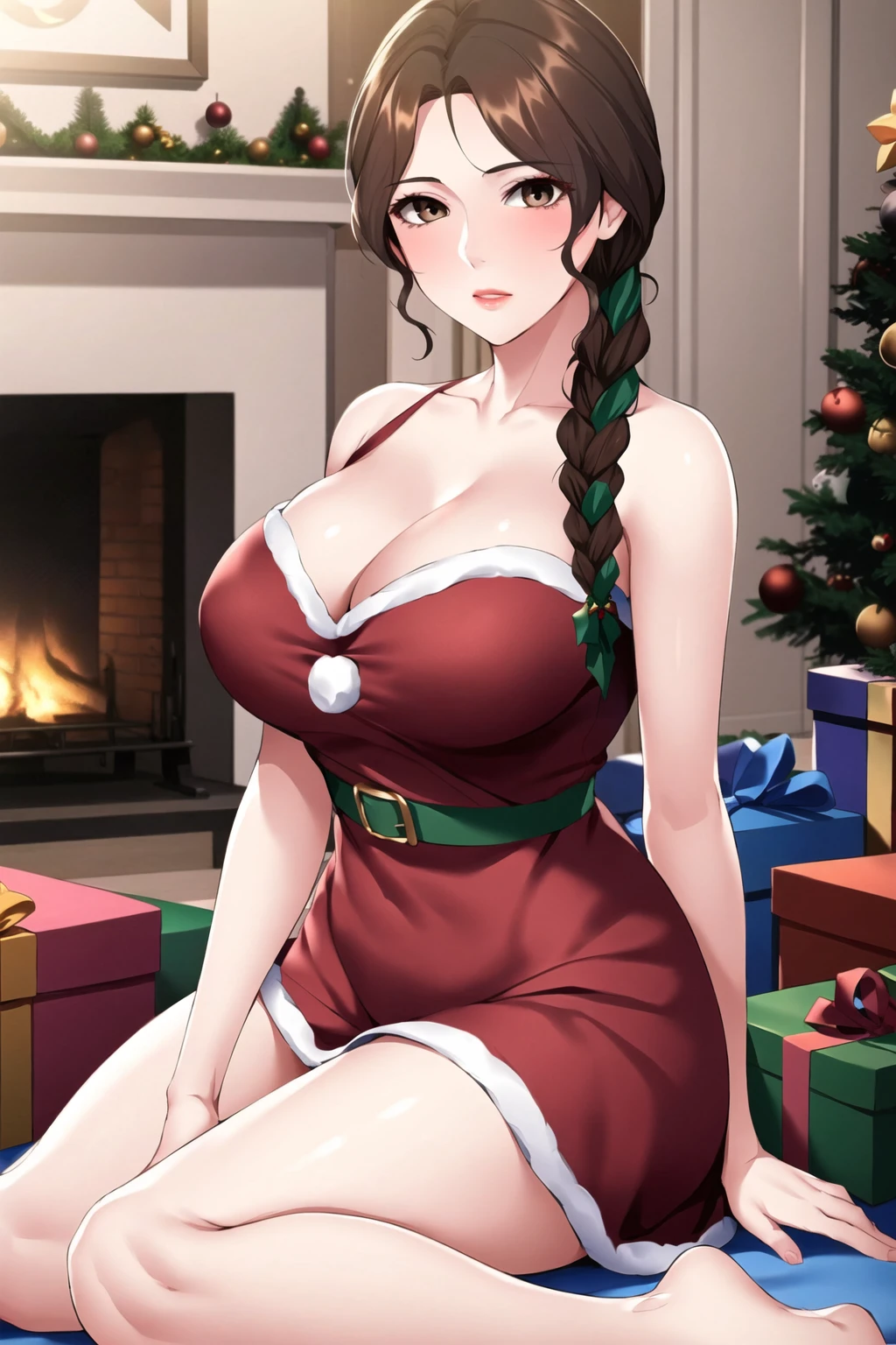 (8k, RAW photo, best quality, masterpiece:1.2),
1girl,solo,mature female,brown hair,single braid,large breasts, cleavage,((Santa dress)),sitting, 
christmas, christmas tree, gift,
looking at viewer,
 <lora:meijing:0.6>