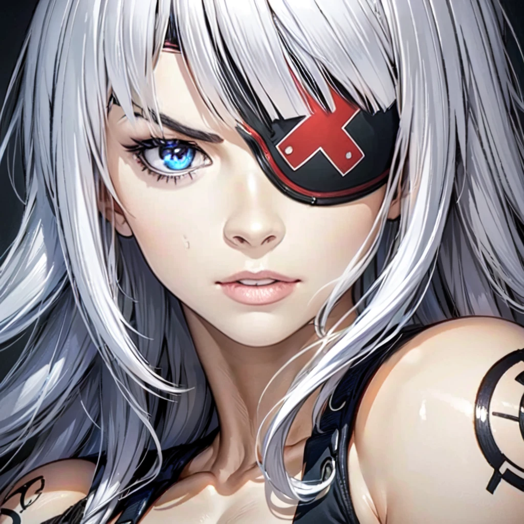 kana with long white hair and black red eyepatch outfit gloves, tattoo, holding big blades, blue eyes, beautiful eyes, beautiful girl, high detail skin, high detail eyes, high detail hair, highres, ultra detailed, detailed pores, imperfect skin, detailed reflective shiny skin, diffused skin pores,sharpen picture, Highly detailed, masterpiece, best quality, smiling, ((liking))