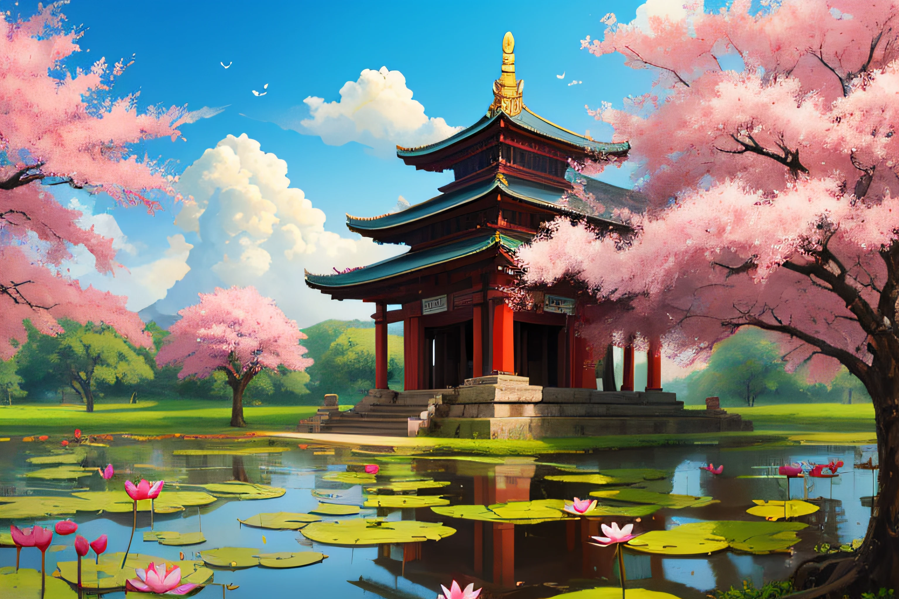Dripping Paint Splatter Art, ancient temple, cherry tree, lotus field, dramatic, paint drips, splatters, dripping paint