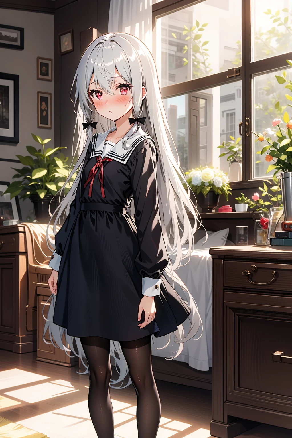 1girl, solo, BREAK indoors, living room, looking at viewer, (masterpiece:1.2), best quality, high resolution, unity 8k wallpaper, (illustration:0.8), (perfect hands, perfect anatomy), standing, (blush:1.5), shiny hair, shiny skin, arms at sides, sophie twilight, red eyes, grey hair, very long hair, hair between eyes, sidelocks, black dress, black pantyhose, tress ribbon, white sailor collar, brooch, red ribbon, black tress ribbon, small breasts, flat chest