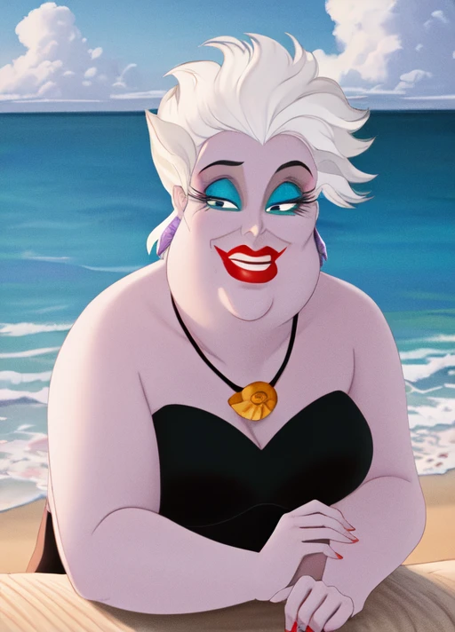 masterpiece, best quality, extremely delicate and beautiful, highres, original,  <lora:Ursula:0.8>, ursulalm, white hair, short hair, purple skin, red lips, fat, bbw, green eyelids, shell necklace, shell earrings, looking at viewer, blue eyes, beach, black dress, upper body,