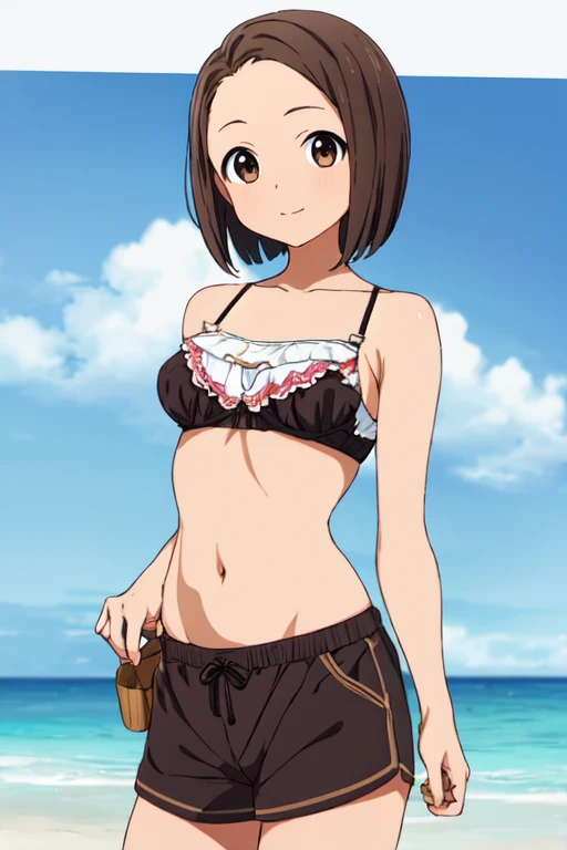 masterpiece, highres, 1girl, short hair, <lora:TokoUsagiharaR4:0.7>, TokoUsagiharaR4, brown hair, brown eyes, bra, shorts, beach