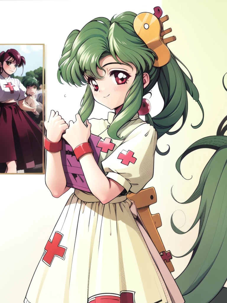 <lora:plum:0.9>, plum, 1girl, solo, long hair, green hair, red eyes, hair ornament,hair bobbles, jewel,
1girl, solo, green hair, long hair, retro artstyle, 1990s (style), clipboard, red eyes, holding, high heels, nurse, dress, smile, ponytail, cowboy Shot,
hospital in the room,
masterpiece, high quality, very_high_resolution, large_filesize, full color,