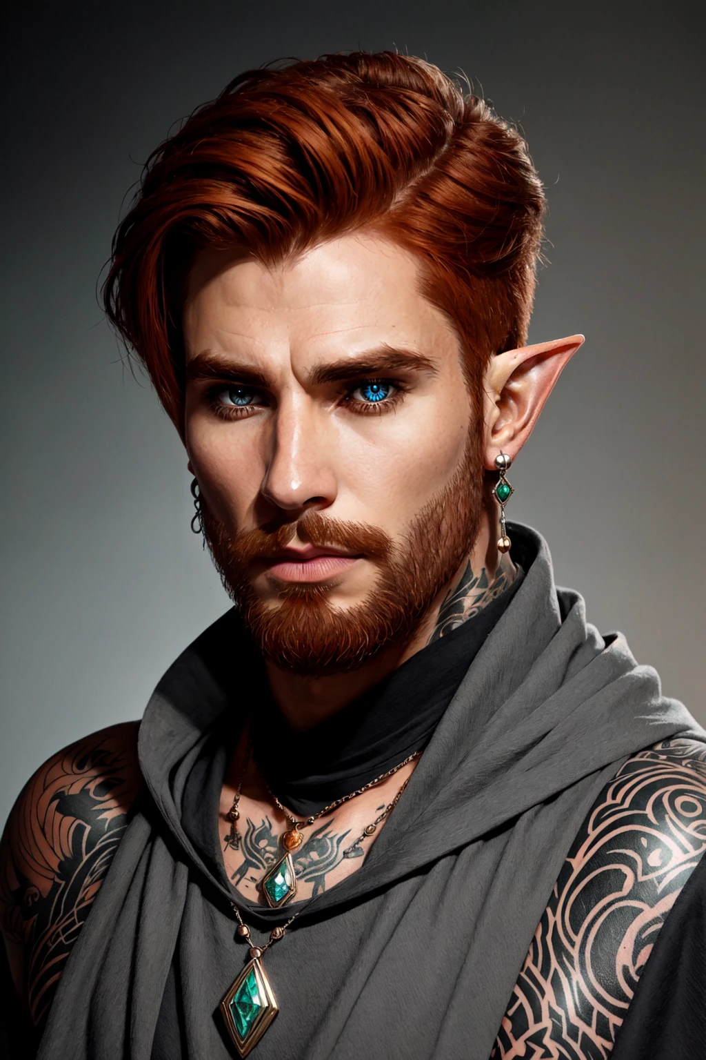 Tanis Half-Elven, solo, looking at viewer, pointy ears, half-elf, auburn hair, 1boy, jewelry, cape, upper body, male focus, earrings, necklace, grey eyes, tattoo, facial hair, portrait, beard, mature male, brown tunic, fantasy painting, <lora:Tanis_HalfElven:0.5>