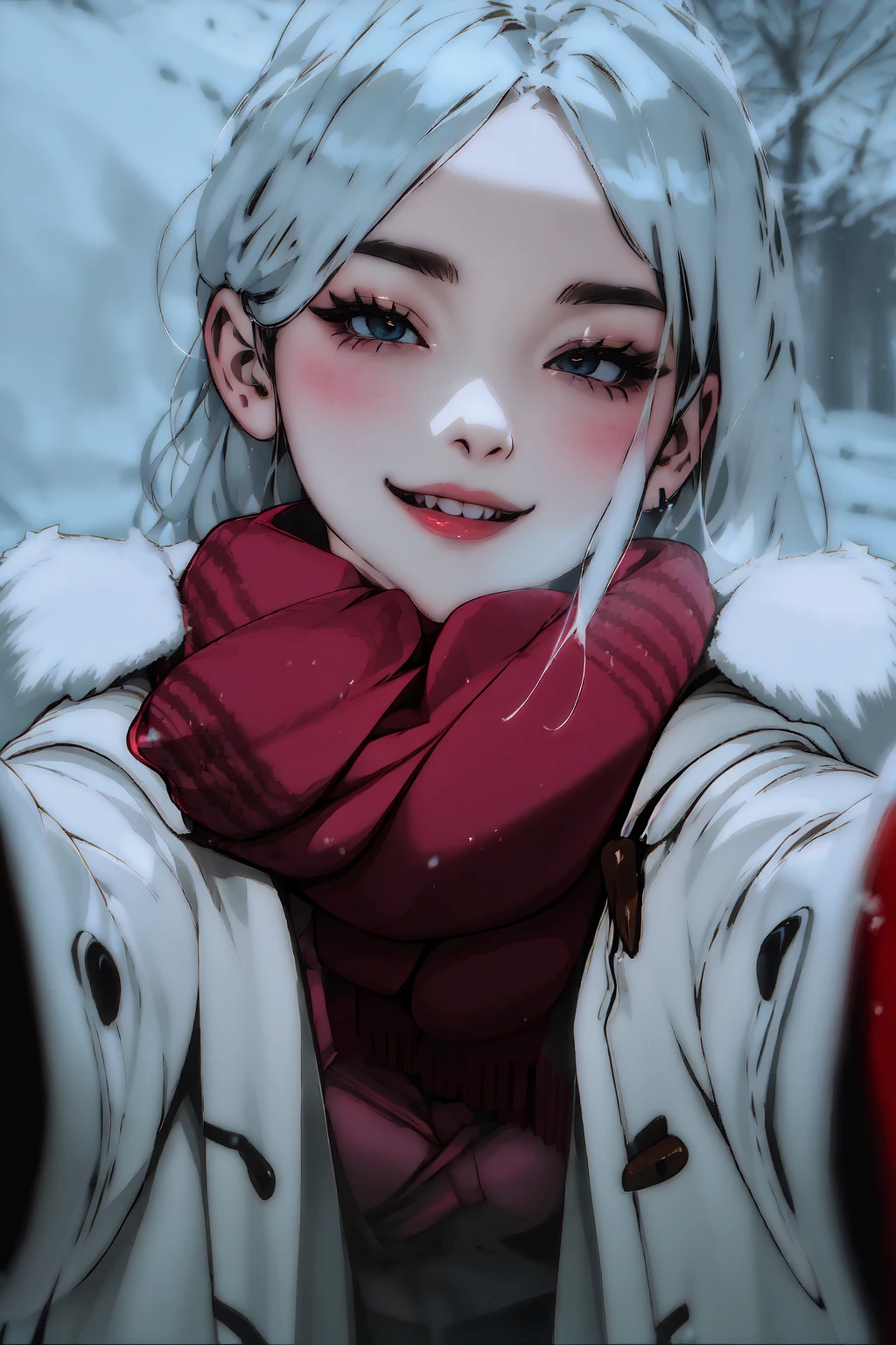 IncrsChkWarmingMeme, <lora:PovCheekWarmingMemeV2:1>, winter clothes, red scarf, breath, seductive smile, reaching towards viewer, 1girl,