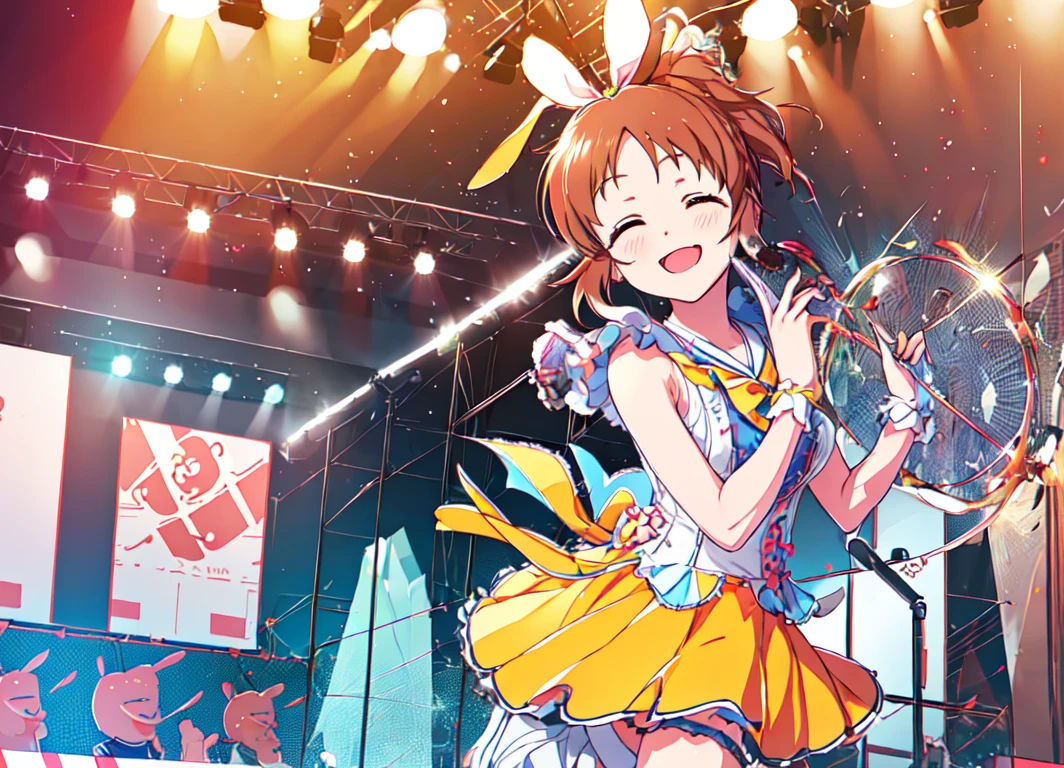 <lora:abe:0.8>,abe nana,hair_ribbon,masterpiece,best quality,super fine illustration,idol,;d,light up,field stage,