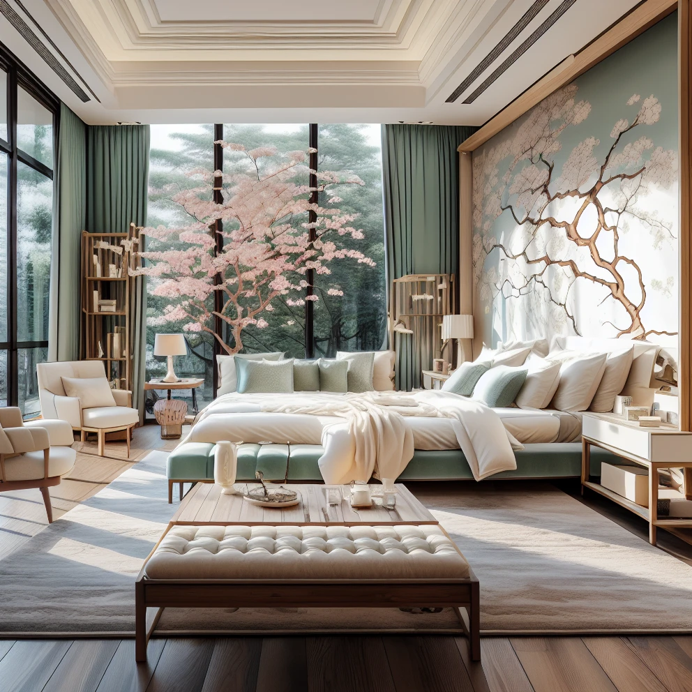 Northern Song Style,no humans,scenery,couch,tree,lamp,indoors,window,wooden floor,table,pillow,curtains,carpet,cushion,bed,book,rug,chair,day,<lora:NorthernSong:0.9>,