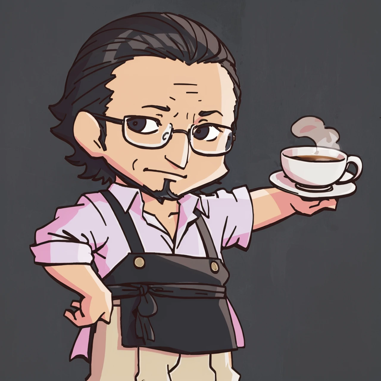 masterpiece, best quality, solo, 1boy, smirk, looking at viewer, <lora:Sojiro_Fp:1>, sojirop5, collared shirt, glasses, pants, apron, <lora:FEH-MTH_Fp:0.8>, chibi, simple background, coffee,