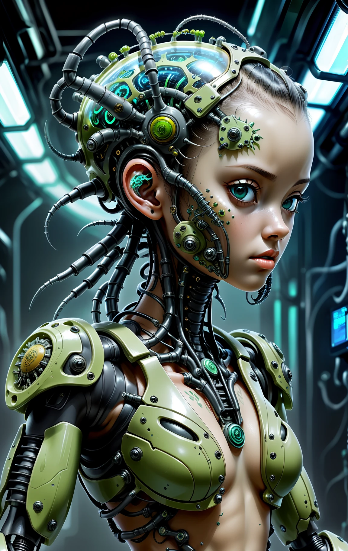 A digital painting depicting a young woman living in the bio-punk world maintaining humanity, Bio punk, a world where man and machinery are melded through biological organisms, biomechanical, hive mind, repurposed muscles, enhanced sensory organs, enhanced limbs, armor made from bone and chitin, high definition, volumetric lighting, bioluminescence, high visual impact