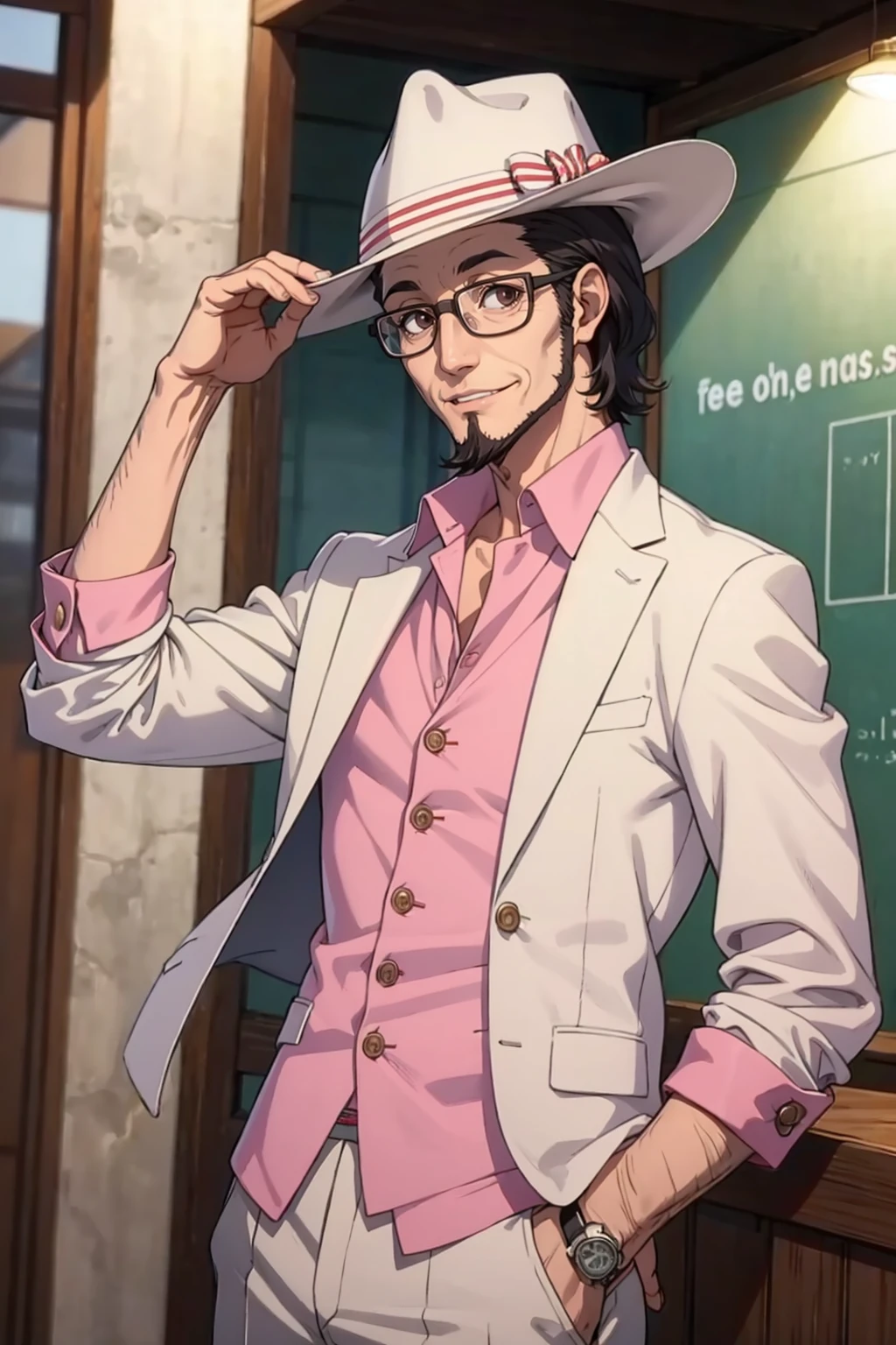 masterpiece, best quality, solo, 1boy,smile, looking at viewer, <lora:Sojiro_Fp:1>, sojirop5, collared shirt, glasses, pants, jacket, hat