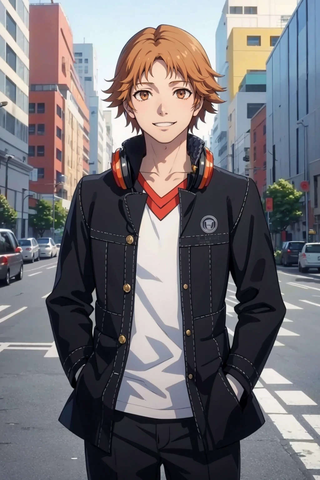 masterpiece, best quality, solo, 1boy, smile, looking at viewer, <lora:Yosuke_Fp_1:1>, yosukep4, school uniform, headphones around neck, pants, hands in pockets,