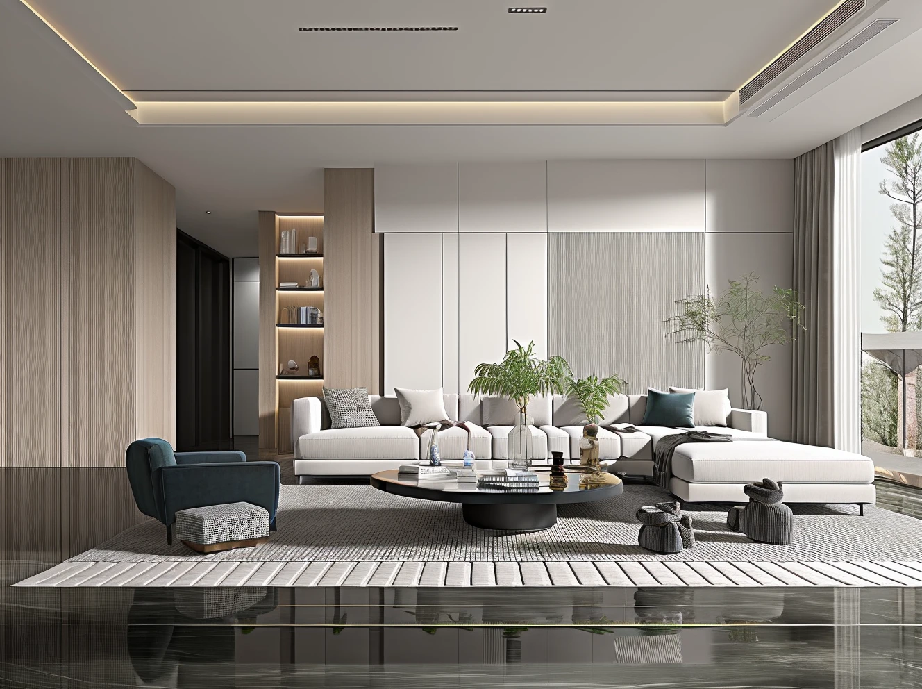 Modern interior,no humans,scenery,couch,plant,window,indoors,table,wooden floor,reflective floor,potted plant,chair,reflection,tree,mirror,lamp,carpet,<lora:Justin_ç°ä»£è½»å¥¢_V80:0.8>,