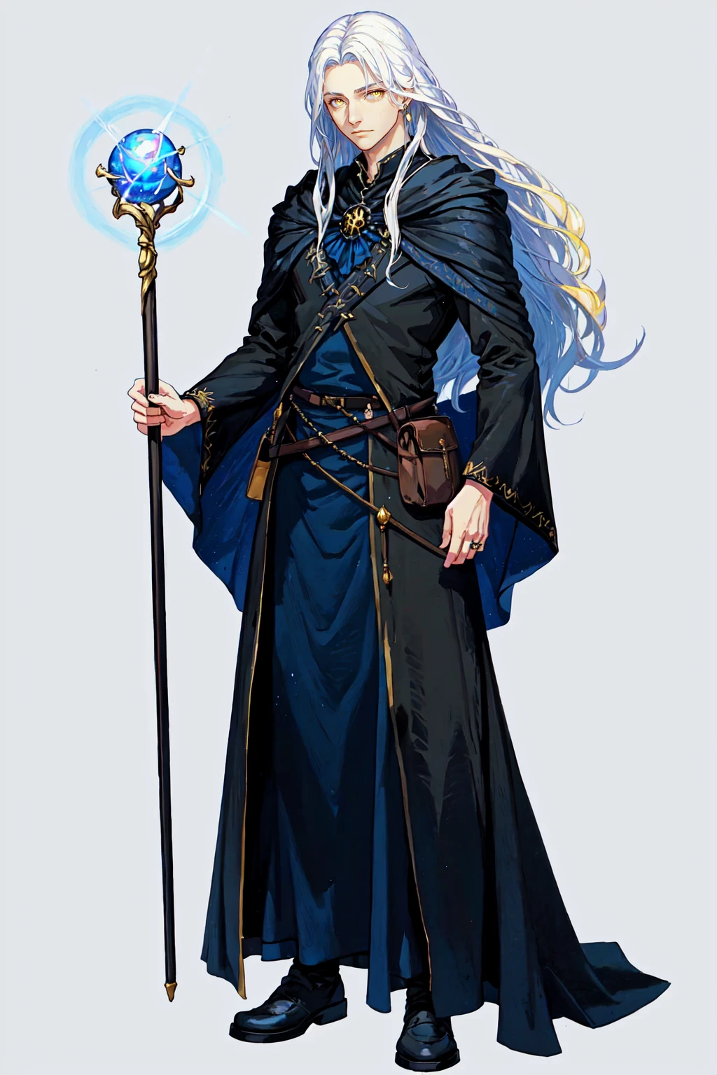 Raistlin Majere, 1boy, solo, male focus, closed mouth, yellow eyes, white hair, long hair, black cloak, long sleeves, holding, jewelry, ring, staff, magic, cane, standing, blue background, simple background, realistic, official art, fantasy painting, half body, <lora:RaistlinMajere:0.8>