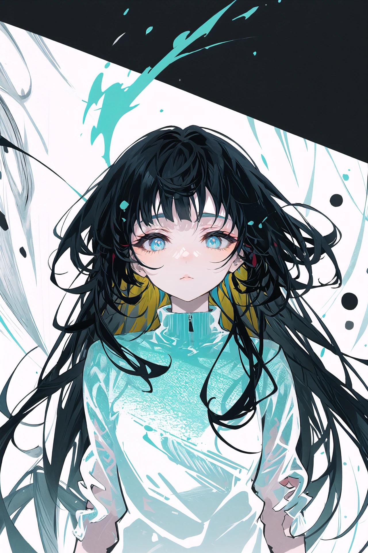 1girl, solo, abstract, long hair, black hair, spot color, blue eyes, closed mouth, bangs ,
///////////   <lora:arutera-000212:1>