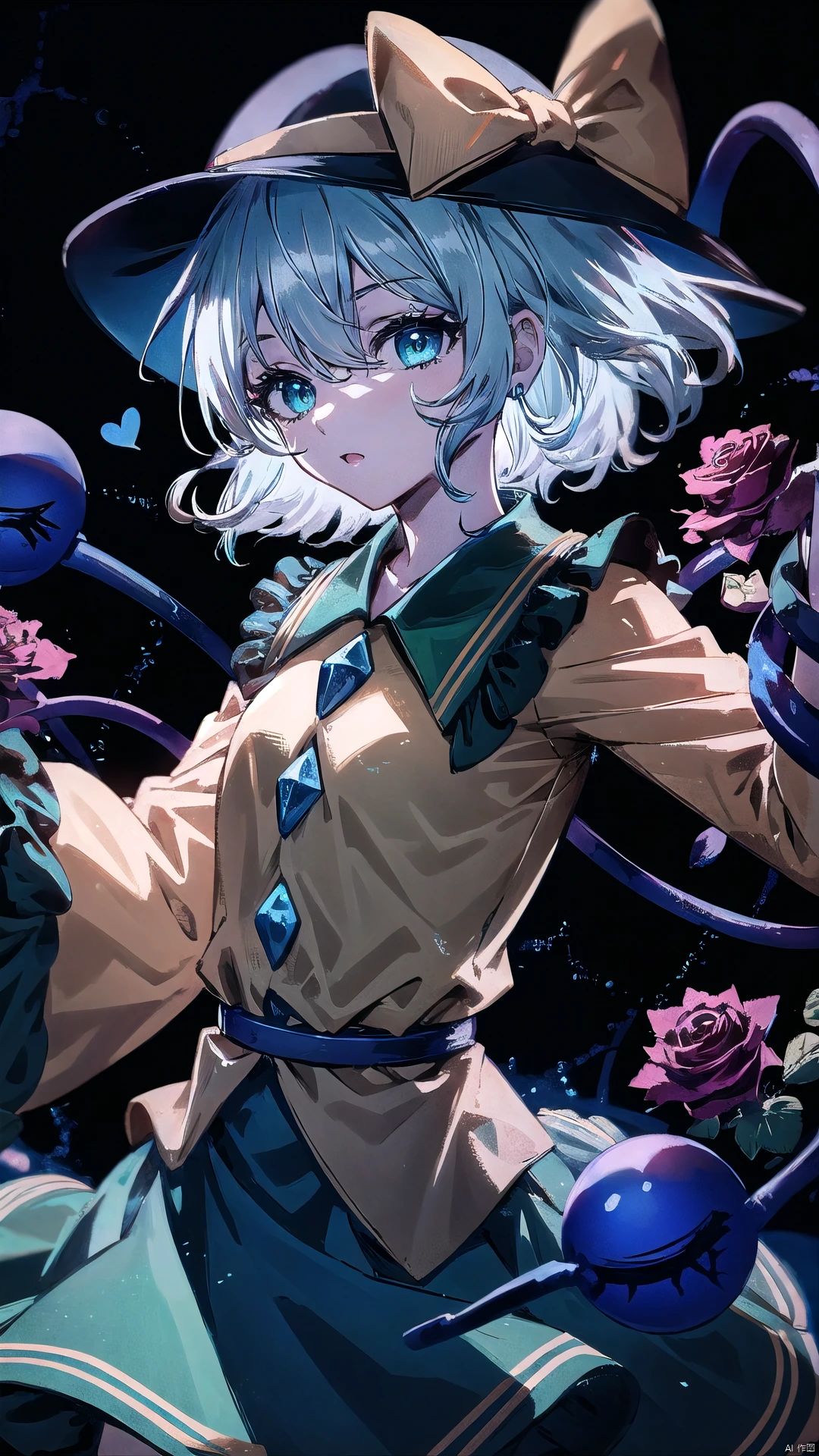 1girl, (gray hair),  komeiji_koishi,  solo,  looking_at_viewer,  short_hair,  bangs,  upper_body,  hat bow, green eyes, symbol-shaped pupils, yellow shirt, green skirt, third eye, long sleeves,  wide sleeves,  floral print,  eyeball,  hair_over_one_eye,  blood,  buttons,  floating_hair,  rose,  plant,  black_background,  blouse,  red_flower,  red_rose,  heart_hair_ornament,  vines,  thorns,  heart_button,  backlight,  komeiji koishi,<lora:EMS-86540-EMS:0.800000>,<lora:EMS-233781-EMS:1.000000>,<lora:EMS-6343-EMS:0.800000>