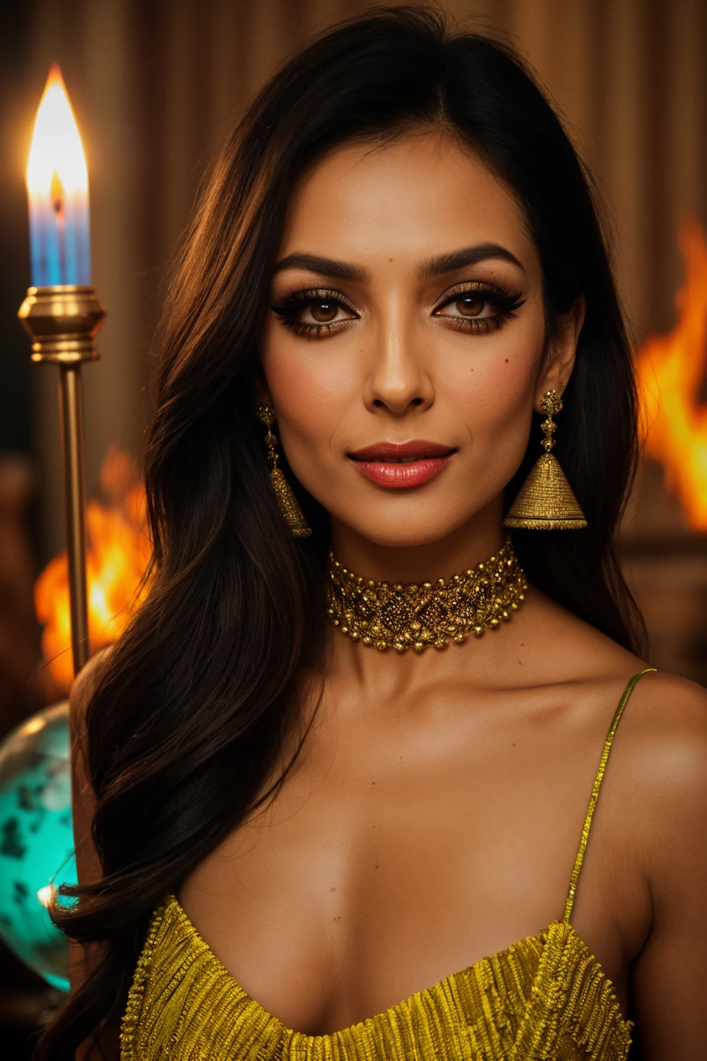photo of (EPM4l41k44r0r4:0.99), closeup portrait, perfect hair, (modern photo, spaghetti strap neon tank top, corduroy pants in mustard), 24mm, (analog, cinematic, film grain:1.3), ((crystal ball divination room, magic mirror, carpet,andesite stone,rya knots tapestry, fire torch or tiki torch, table lamps, raypunk, gradient:1.1)), ((detailed eyes)), ((eyeliner, long lashes)),(epicPhoto), long eyelashes, (perfect waist), (painted lips)
