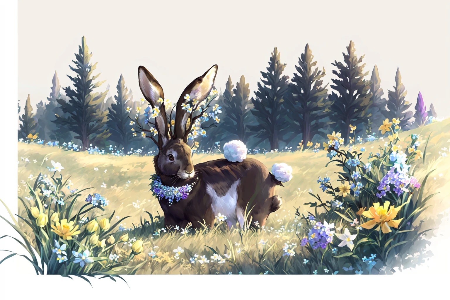 Jackawolperlopetinger, solo, simple background, flower, black eyes, no humans, animal, grass, white flower, brown background, blue flower, rabbit, yellow flower, purple flower, animal focus, <lora:Jackawolperlopertinger:1>