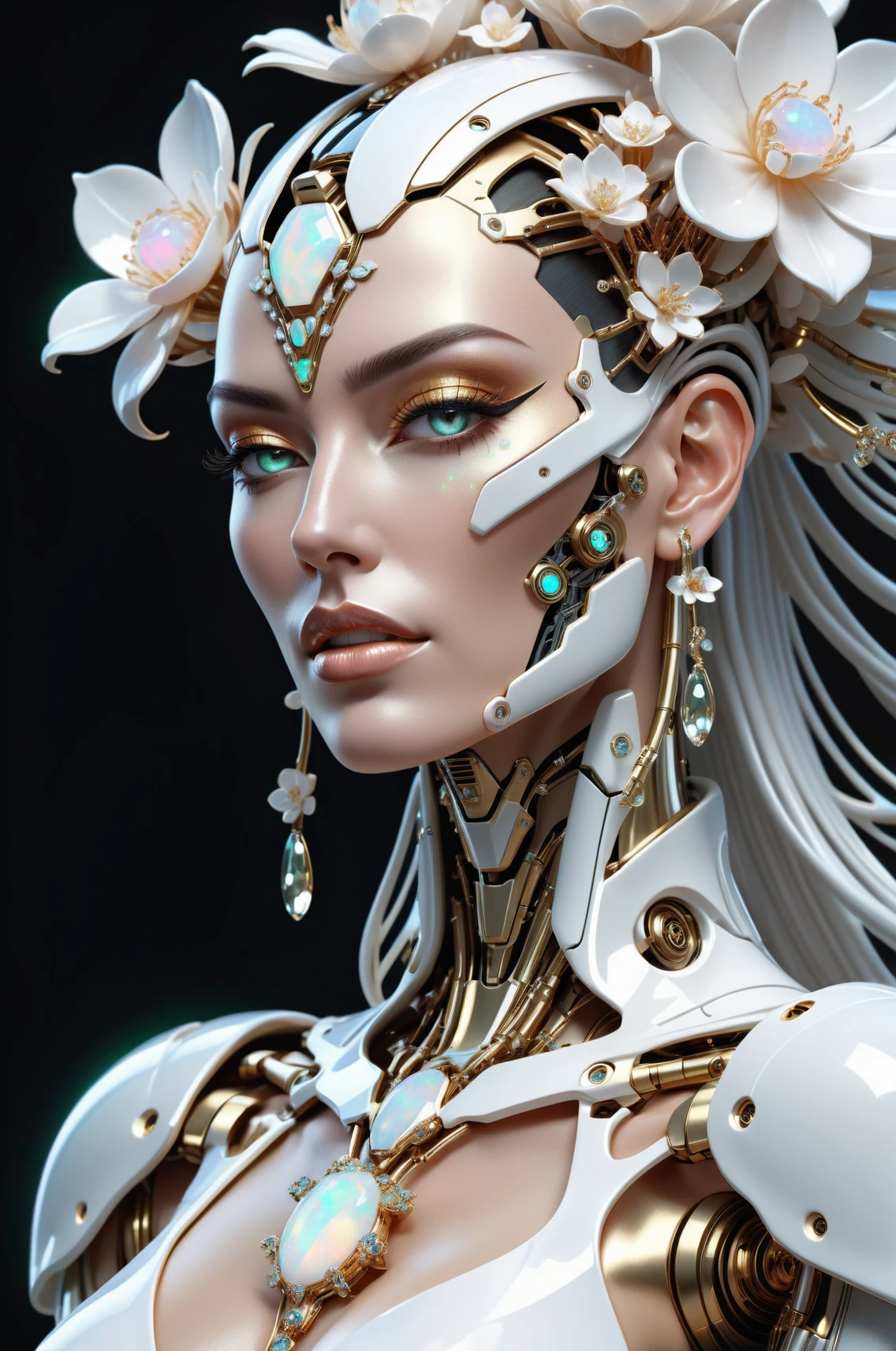 luxe cyborg goddess, exquisite shiny white ceramic enchanted, delicate face, elegant, opal-encrusted plating, luxury flowery clothesð·ð¼ð¿, highly detailed, digital painting, artstation, asymmetrical, concept art, smooth, sharp focus, 8k , trending on artstation, sharp focus, studio photo, intricate details, highly detailed, by greg rutkowski