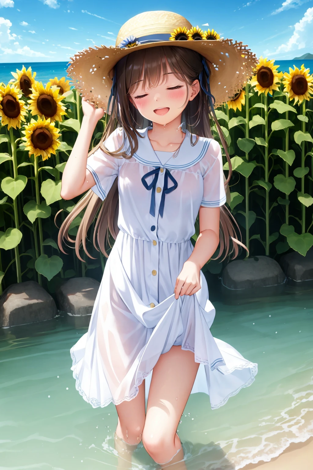 1girl, hat, dress, solo, long hair, closed eyes, flower, brown hair, straw hat, smile, skirt hold, open mouth, hat flower, wading, water, blush, white dress, sunflower, short sleeves, blue ribbon, outdoors, bangs, ribbon, ocean, barefoot<lora:mignonV73-000190:1>