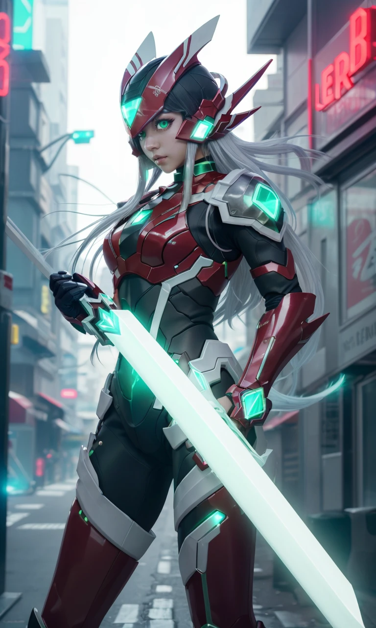 megzeromyth2023, 1girl, long white hair, large breasts, toned, red armor, green energy sword, 8k, uhd, best quality, masterpiece, intricate, photorealistic, glowing green eyes, cyberpunk city, night, neon signs, science fiction