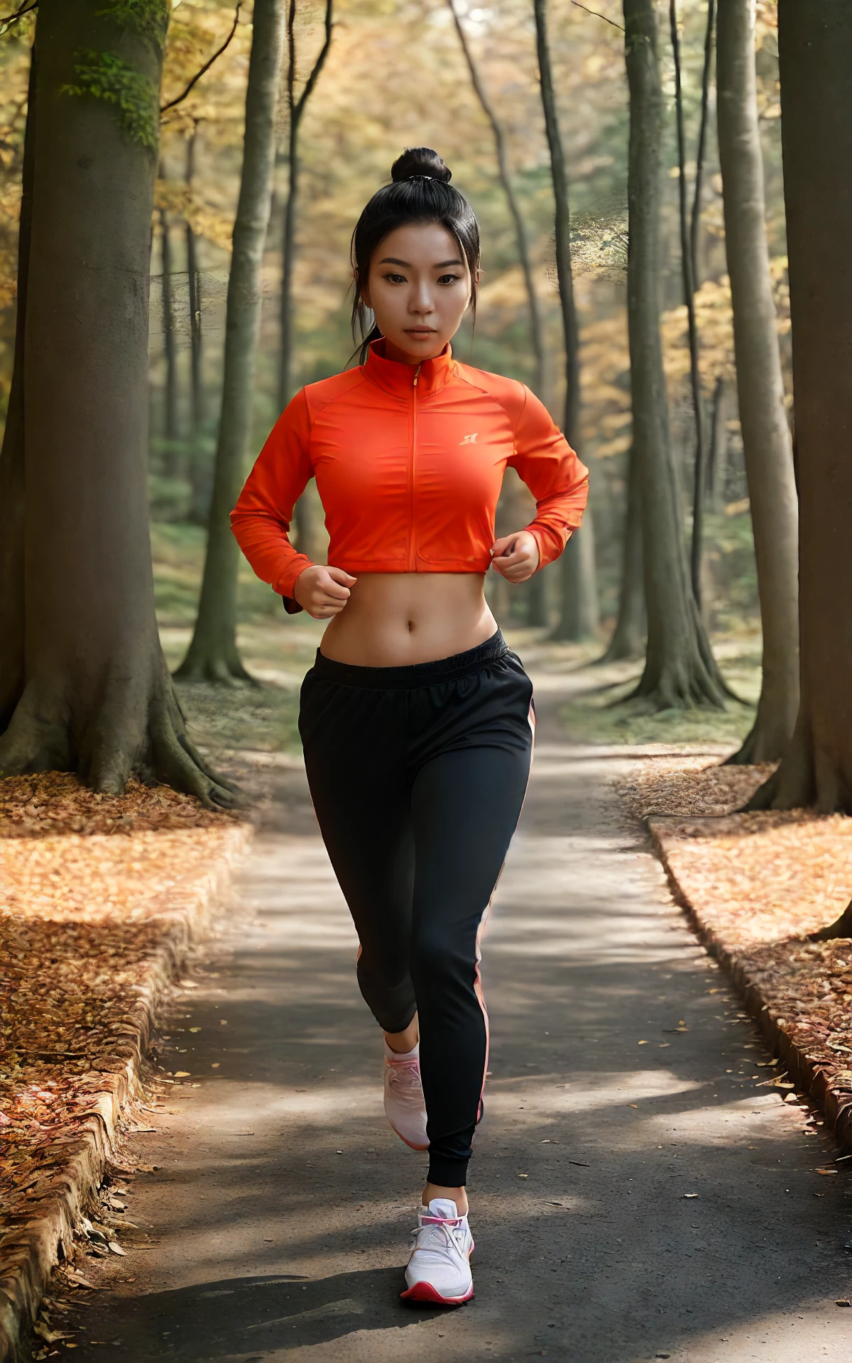 portrait of a beautiful asian woman wearing track pants, doing her morning jog through the forest in autumn