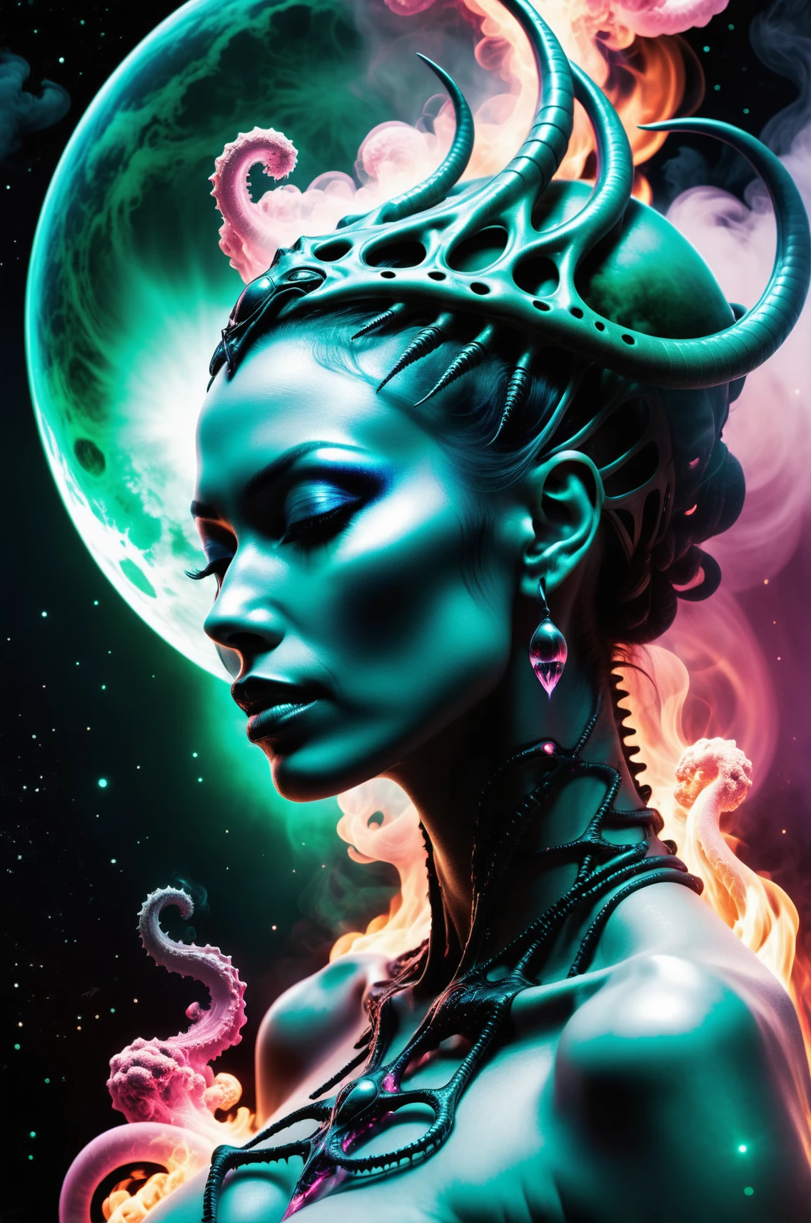 transformation of innocent beautiful woman into a grim alien queen, dreamscape in your mind, Double exposure effect of female alien body portrait silhouette, superimposed against astral cosmic sky by Karol Bak, Peter Gric, Conrad Roset, Brandon Kidwell, Andreas Lie, Dan Mountford, Agnes Cecile, Jeremy Mann, oil and ink canvas, fine art, super dramatic light, photoillustration, amazing depth, concept of evolution, glowing particles, hyperdetailed, iridescent green and pink, intricate detailed, amazing depth, hypervibrant, stunning atmosphere, mesmerizing whimsical vibrant scenery, hypermaximalism (Beautiful Outside, Ugly Inside, Stress and Pain, Beauty and Despair, Hard and Soft, Positive and Negative, Hot and Cold, Sweet and Sour, Vibrant and Dull, Perfect Harmony, Light and Dark, Hot and Cold, Old and Young, Fire and Ice, Yin and Yang, Opposites, Black and white, Smoke and Steam,Hot and Cold, Organic and Mechanical, Corresponding colors, Loud and Quiet, Chaos and Peace, Night and Day:1.2) complex masterwork by head of prompt engineering