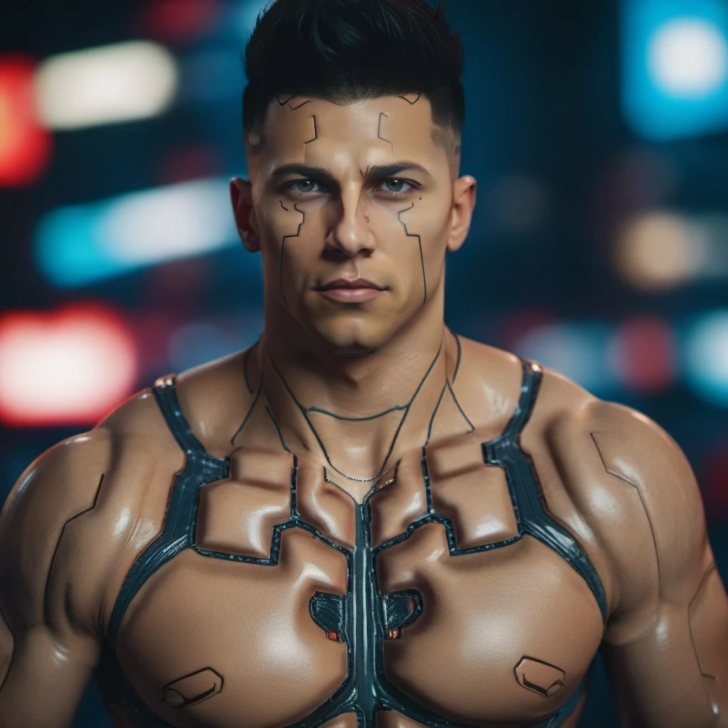 DavidMartinez1024, a very muscular man, close up face portrait, shirtless, cyberpunk background, highly detailed, photography, ultra sharp, film, bokeh, professional, 64k  <lora:DavidMartinez1024:0.8>