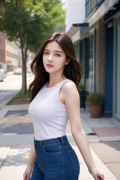 <lora:Nancy_v1:1>, outdoors, sidewalk, matching outfit, upper_body shot, looking_at_camera, parted lips, wind effect, daylight, natural lighting, ((8k photorealistic)),