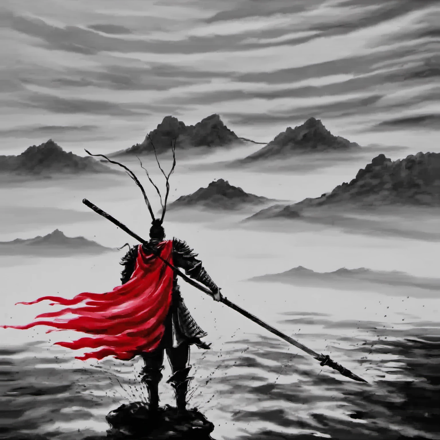 <lora:ink_xiakexing_xl_v1:0.8>,tree,mountains,
ink painting,a painting of a man with a sword and a red cape standing in the water with a cloudy sky behind him,solo,1boy,holding,standing,weapon,male focus,from behind,cape,holding weapon,armor,helmet,polearm,spot color,spear,red cape,holding polearm,weapon over shoulder,floating cape,sword,katana,