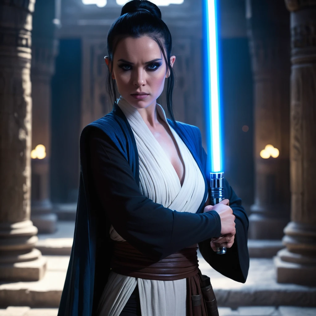 sexy female Jedi, Star Wars, ponytail Black hair, pale smooth skin, cleavage, gothic makeup, Black and white Robes, holding Blue lightsaber in battle stance, standing in ancient Temple, half body shot, moody, 8k, bokeh, cinematic, high contrast, chiaroscuro