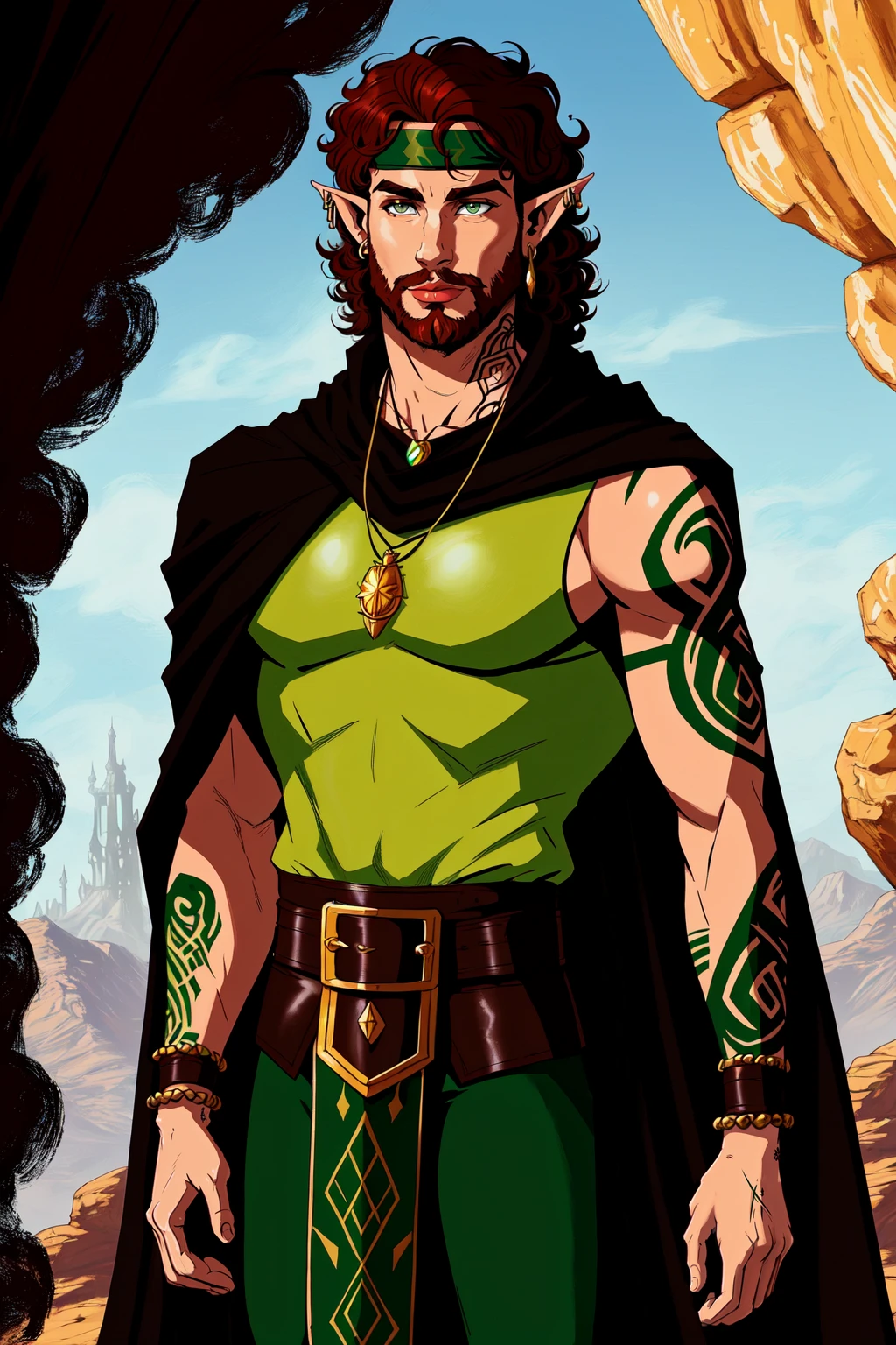 Tanis Half-Elven, solo, green headband, pointy ears, half-elf, auburn hair, curly hair, 1boy, jewelry, cape, male focus, earrings, necklace, grey eyes, tattoo, facial hair, stubble, beard, mature male, brown tunic, fantasy painting, leather pants, cloak, elf ranger, <lora:Tanis_HalfElven:0.5>