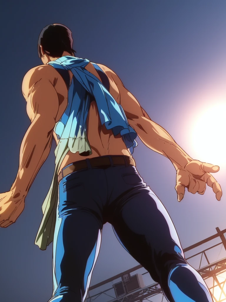 <lora:TheRapemanVer1:1> iwasakikeisuke, male focus, 1boy, solo, retro artstyle, black hair, 1990s (style), dark skin, smile, dark-skinned male, brown eyes, closed mouth, scarf, 1980s (style) open stance,(outstretched hand,one hand on your waist),Outdoors, (sunny:1.4,school ground), crowd, on stage (masterpiece:1.2), best quality, high resolution, unity 8k wallpaper, (illustration:0.8), extremely detailed face, perfect lighting, extremely detailed CG, (perfect hands, perfect anatomy), cowboy Shot,
masterpiece, high quality, very_high_resolution, large_filesize, full color,