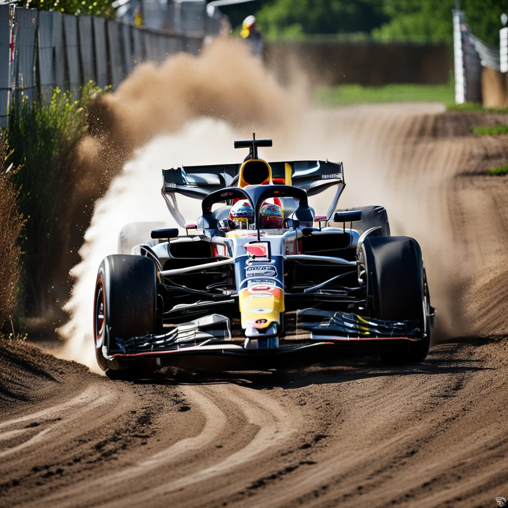 RB19 formula 1 racecar driving on a country dirt road, dirt kicked up into the air from the wheels, mid afternoon sunlight, trees, nature, gorgeous, perfect, oil painting, intricate details, <lora:RB19:1.2>