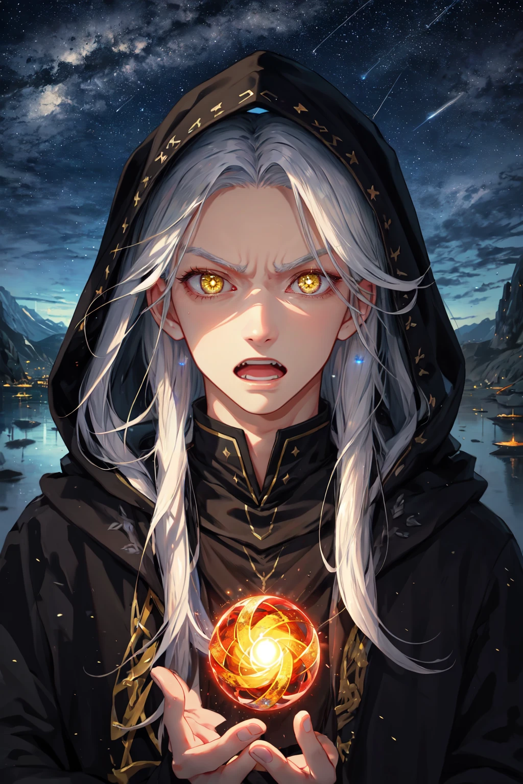 Raistlin Majere, solo, long hair, 1boy,  male focus, holding, white hair, yellow eyes, colored skin, yellow skin, sunken eyes, BREAK, glowing eyes, glowing, sky, hood, portrait, star (sky), starry sky, magic, portal, BREAK, outdoors, fantasy, insane vibes, godlike, evil, wide eyes, constricted pupils, crazed expression, screaming ,<lora:RaistlinMajere:0.8>