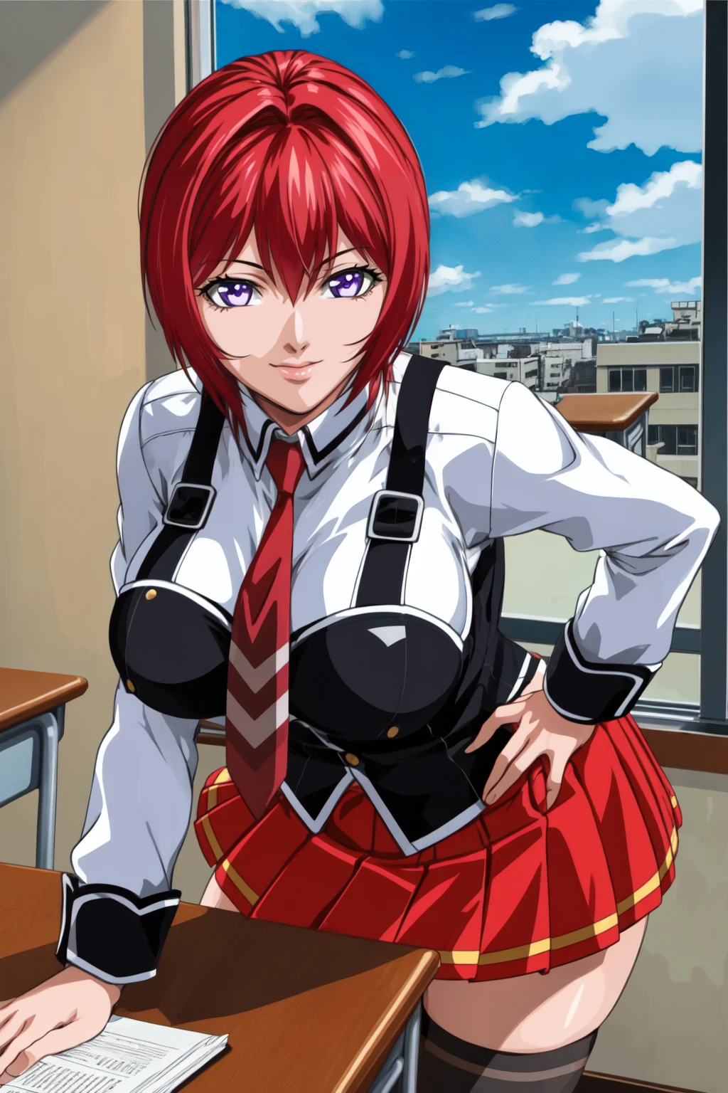 (high quality:1.2), intricate detailed, digital art,
(TakashiroGaiden:1.1), 1girl, solo, cowboy shot, standing, bent over, hands on table, leaning on table, pov,
looking at viewer, determined, smile,
purple eyes, short hair, red hair,
(school uniform:1.1), white shirt, miniskirt, red necktie, black thighhighs, zettai ryouiki,
curvy, large breasts,
school, classroom, windows, sky,
<lora:TakashiroGaiden:0.9>