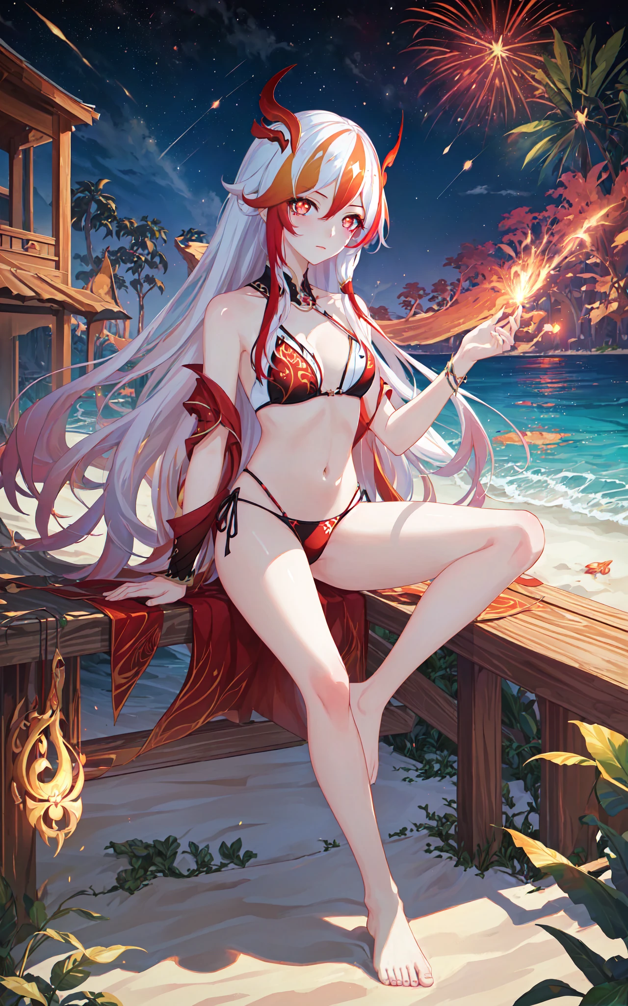 (masterpiece, top quality, best quality, official art, beautiful and aesthetic:1.2),extreme detailed,(fractal art:1.3), 1girl, solo,  <lora:FH_FoV_v1.0:0.7>, Fu Hua(FoV), multicolored hair,  beach, star \(sky\), moonlight, night, fireworks, barefoot, bikini, red horns,