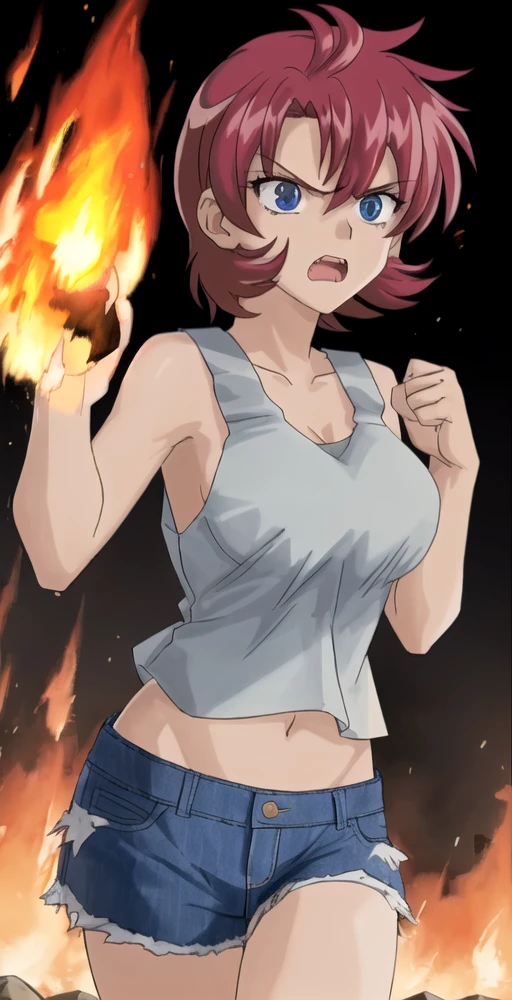 Myuu, 1girl, solo, portrait, tank top, short jeans, ((flame engulfing hands)), angry, combat pose, perfect quality, good quality, masterpiece, HDR, UHD <lora:Myuu:0.7>