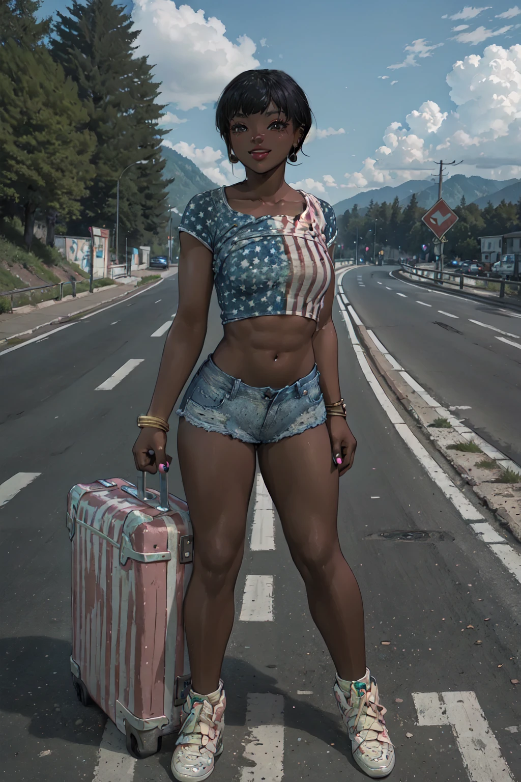 (Masterpiece:1.4), (high quality:1.2), (best quality:1.2), 1girl, solo, ((hitchhiking)), suitcase on road, green field background, full body, roadside, 
<lora:StarsAndStripesJeans_v1>, starsandstripesjeans, black hair, shoes, jewelry, earrings, lips, midriff, crop top, breasts, bracelet, dark skin, dark-skinned female, shorts, shirt, standing, very dark skin, nail polish, short hair, smile, denim, sneakers, body builder shape, short sleeves, pink nail polish