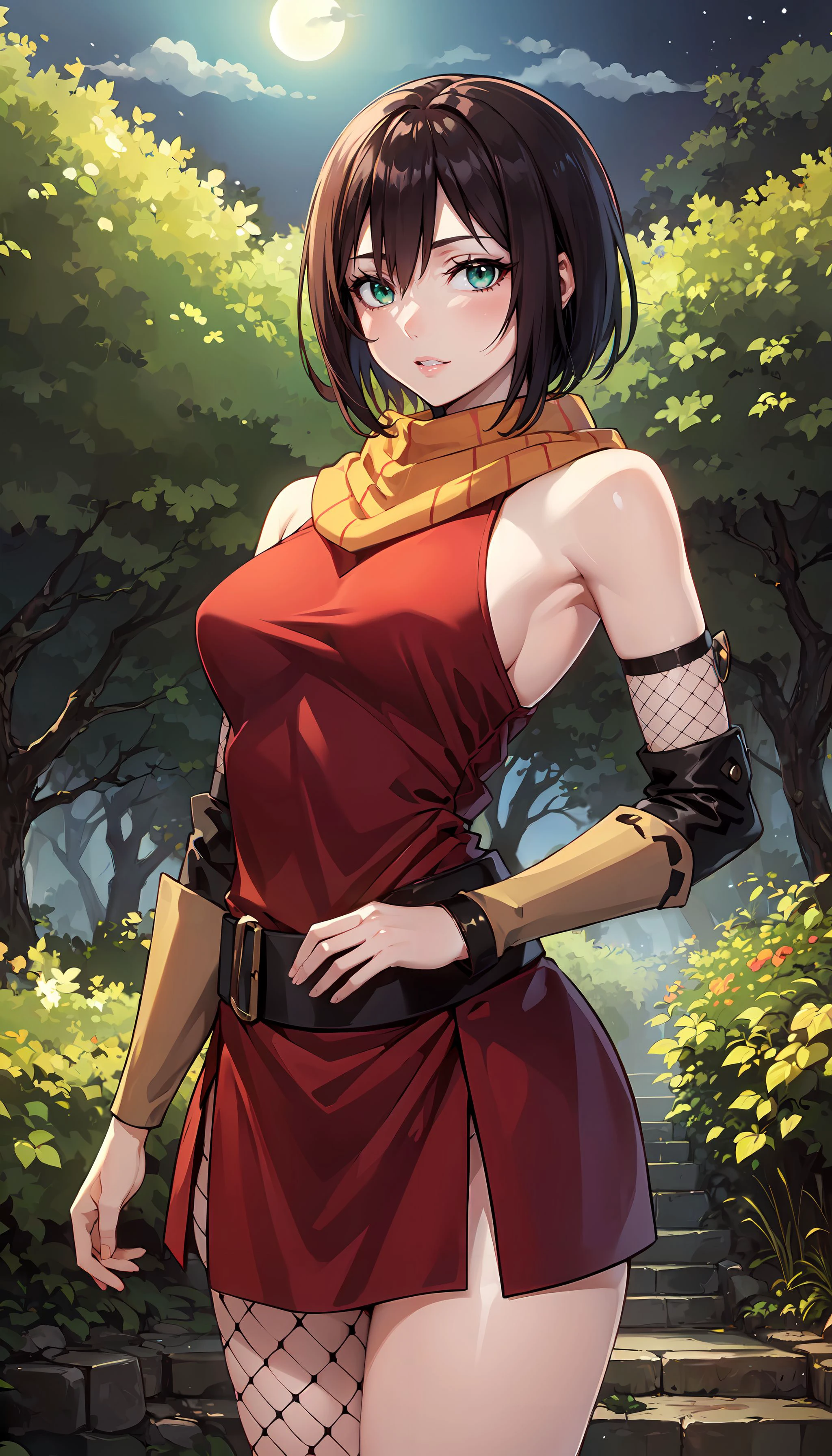 photorealistic, (4k), depth of field, (Masterpiece), (realistic skin texture), extremely detailed, intricate, hyper detailed, professional photography, bokeh, high resolution, sharp detail, best quality, girl, red dress, black belt, orange scarf, bare shoulders, detached sleeves, green eyes, short hair, brown air, fishnets,  perched in tree, forest, dense vegetation, from below, on branch, (vines:1.3), (sitting in tree:1.3),