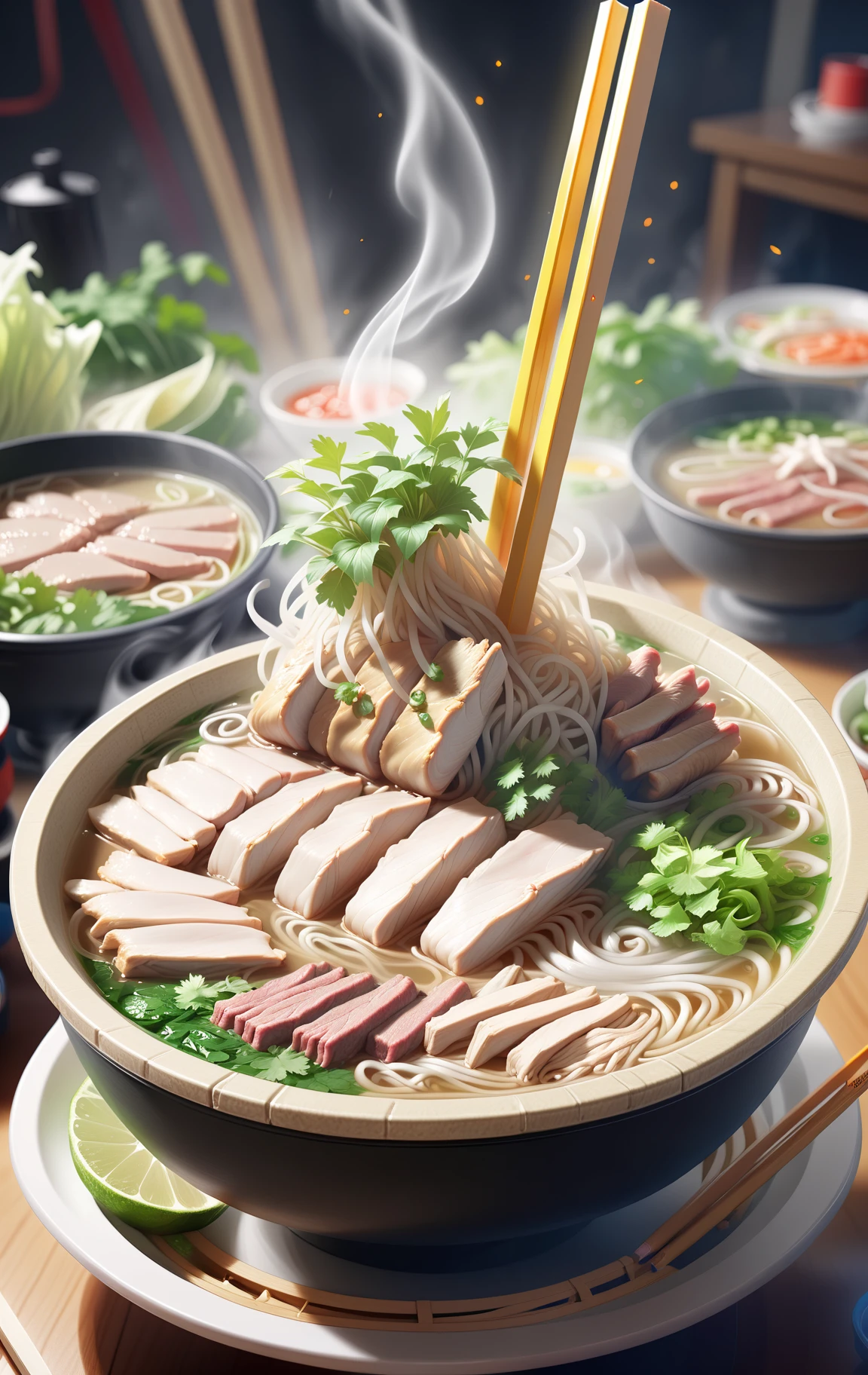 ((detailed)), ((best quality)), ((masterpiece)), ((Mind-blowing)), Immersive, (Immersive), Food, Pho, Chicken Pho, Beef Pho, Pencil illustration, Pencil art, Straight light, Direct beam, Main illumination, Wide angle, Wide-angle lens