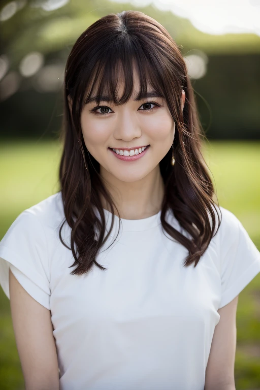 1girl, (wearing a casual clothes:1.6),(RAW photo, best quality), (realistic, photo-realistic:1.4), masterpiece, an extremely delicate and beautiful, extremely detailed, 2k wallpaper, Amazing, finely detail, extremely detailed CG unity 8k wallpaper, ultra-detailed, highres, soft light, beautiful detailed girl, extremely detailed eyes and face, beautiful detailed nose, beautiful detailed eyes,cinematic lighting,(in the park:1.6),perfect anatomy,slender body,(laughing:1.4),(japanese idol:1.4),(close up:1.2),(looking at viewer:1.4),(front view:2.0),cinematic angle,(wavy long hair:1.2),standing,(cleavage:1.4),(brown eyes:1.6),  <lora:horiuchimarina_lora-01:0.8>