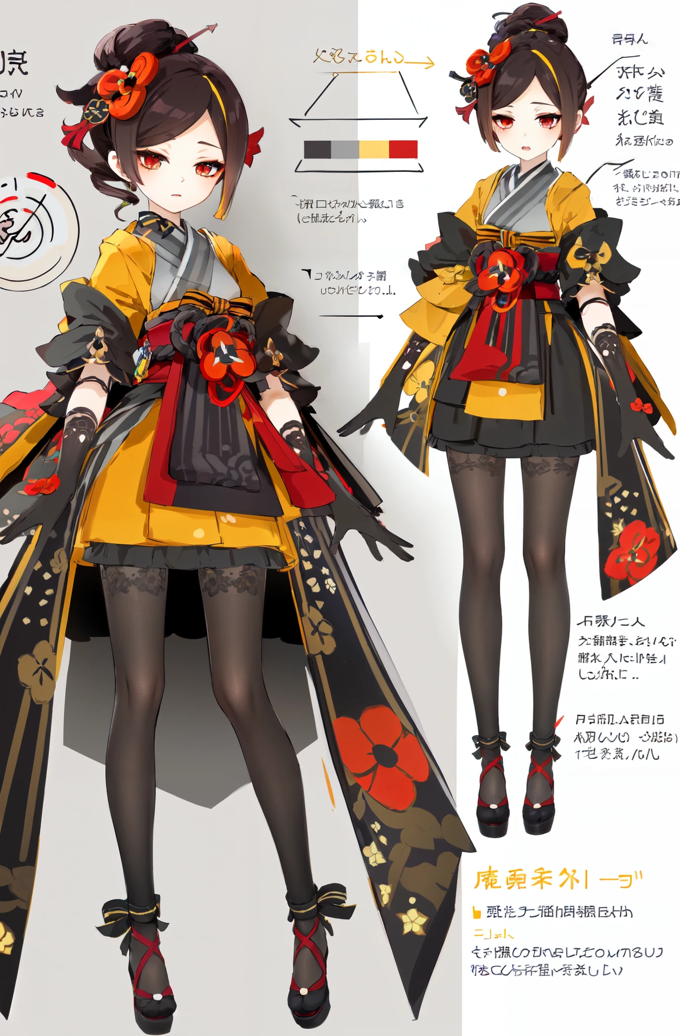 multiple views, pencil sketch, (sketch:1.25), (little girl,small breasts,), ((no shoes)), shy, best quality, graphite \\(medium\\), ske, gradient, rainbow, note, Line draft, highres, absurdres, (ultra-detailed:1.1), (illustration:1.1), (infographic:1.2), pajamas, (all clothes configuration:1.15), (solo), perfectly drawn hands, standing, cohesive background, paper, action, (character design:1.1), 
<lora:qianzhi-v100:0.8:lbw=OUTALL>, qianzhi, 1girl, gloves, black gloves, hair ornament, japanese clothes, pantyhose, kimono, red eyes, flower, black footwear, multicolored hair