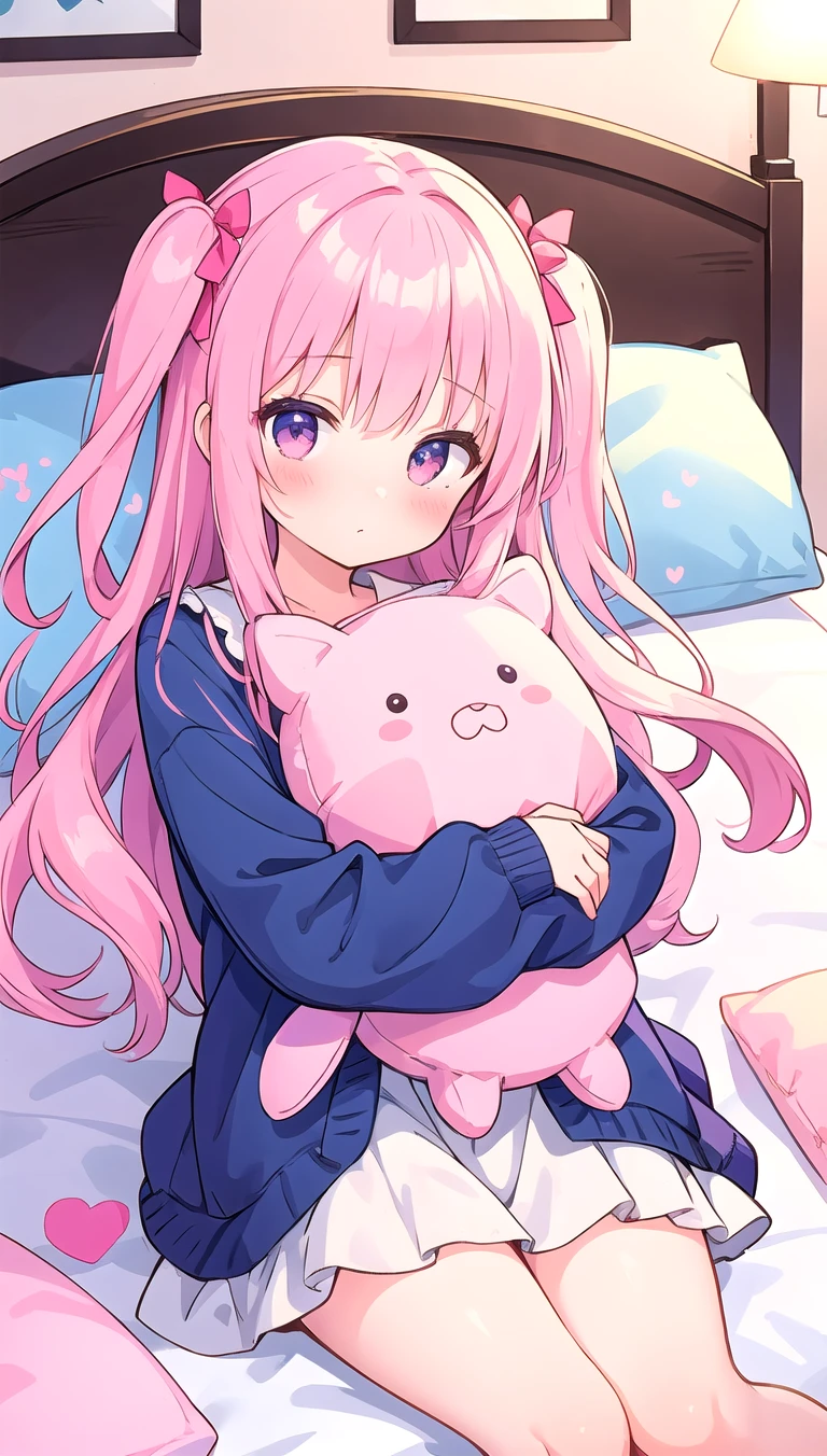 beautiful illustration, best quality, cute girl, bedroom, hugging pillow, pink hair, two side up,